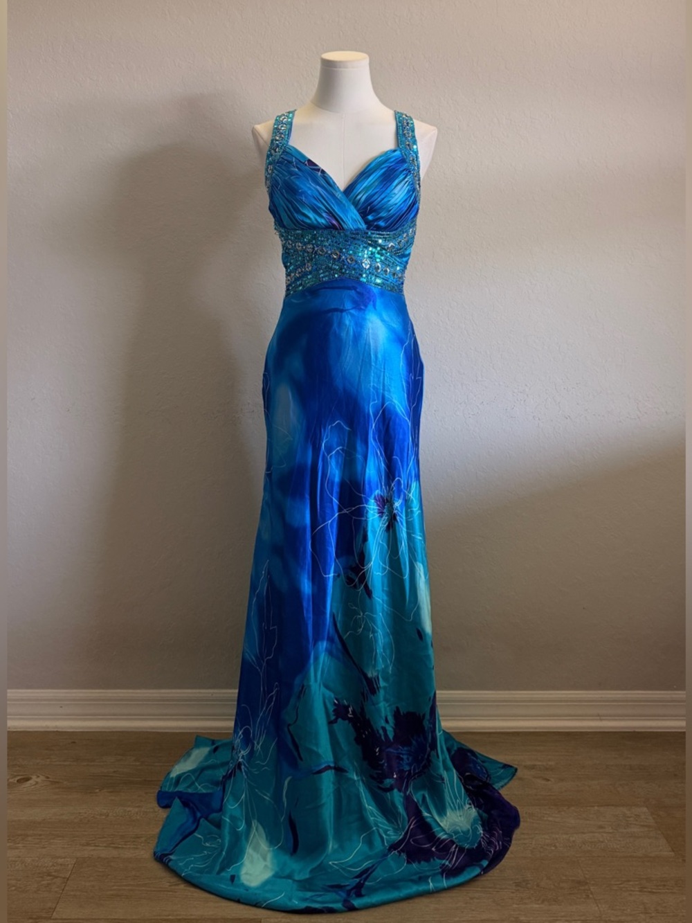 Cachet Blue & Aqua Beaded Prom Gown
